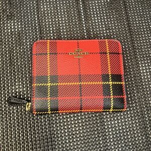 Authentic COACH Red Plaid Corn Purse Wrap Around Zipper 4.5”x3.5”